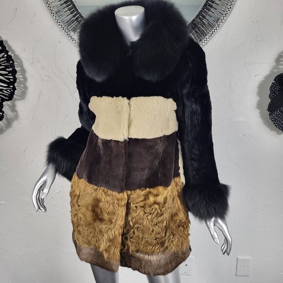 DIAGRAM~XS~BLACK ANIMAL PRINT GENUINE FOX FUR REAL CURLY LAMB MINK RABBIT COAT - Picture 4 of 16